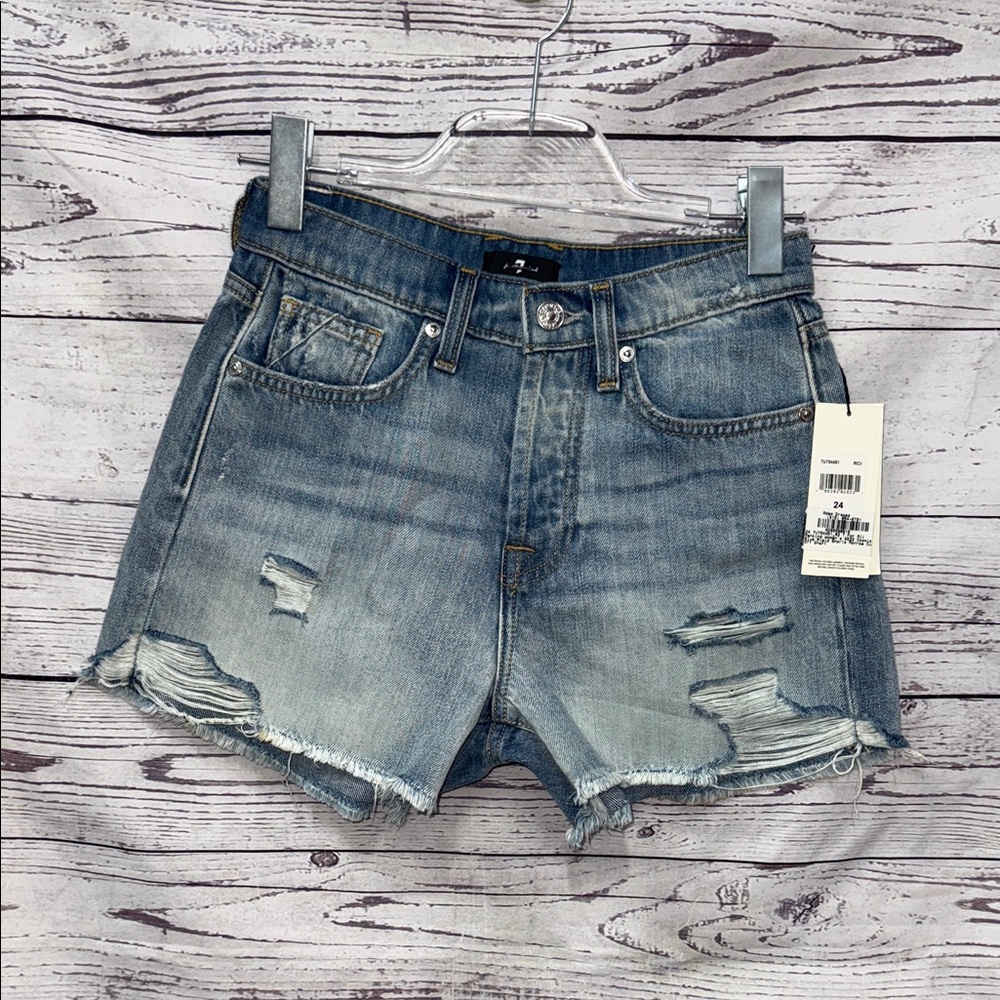 7 For All Mankind Light Blue Distressed Jean Shorts Size 24